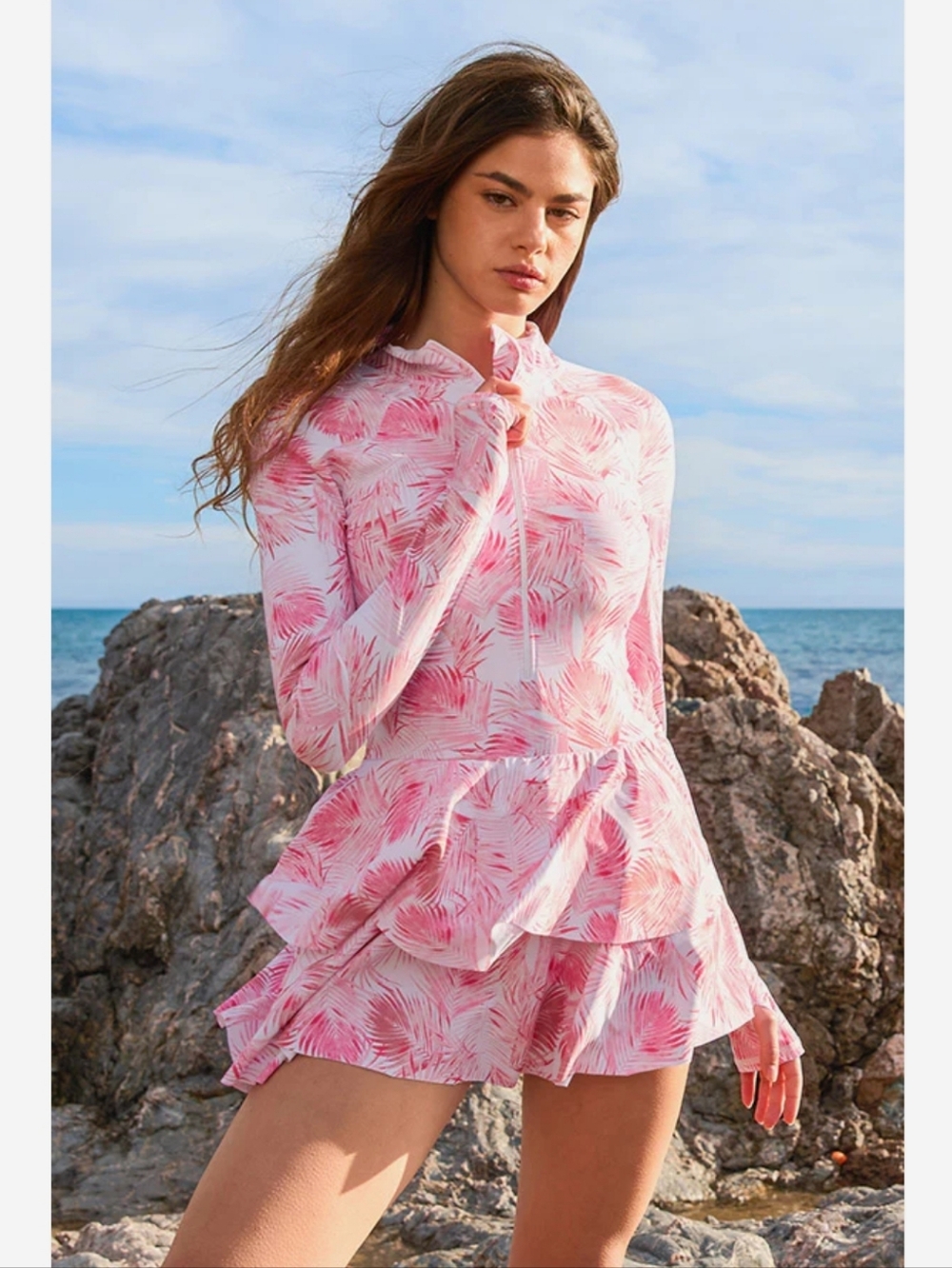 Pink Tropical Swim Dress Long Sleeves Ruffle Skirt Zip Front Femenine Beach Sz S